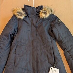 Obermeyer Navy Ski Jacket with Faux Fur Trim